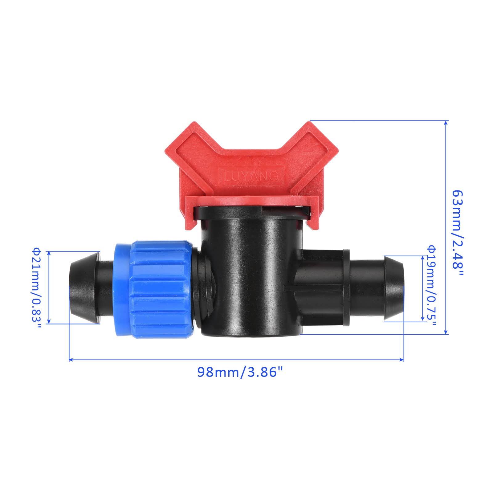 M METERXITY Barbed Ball Valve – Barb Connector Ball Valve Shut Off Switch Apply to Drip Irrigation and Aquariums (21 x 19mm, Black Blue Red)
